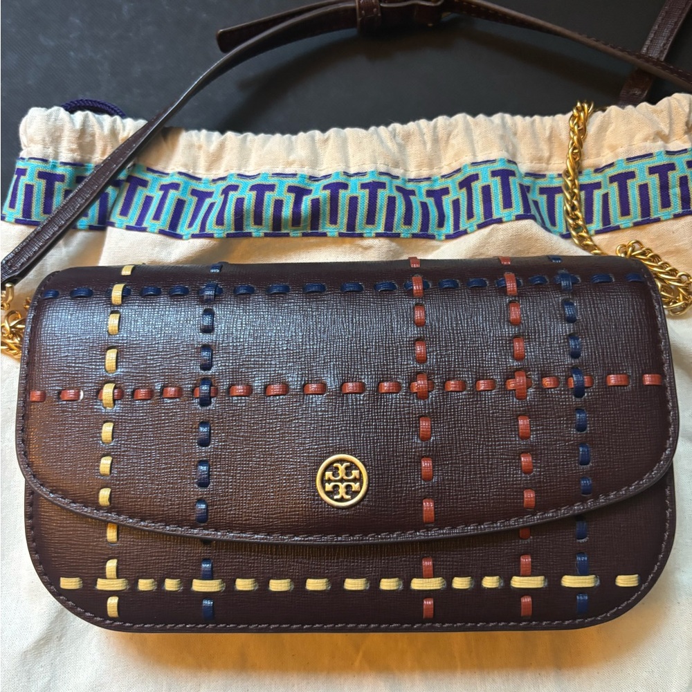 Tory Burch Robinson Woven Plaid Saffiano Leather Chain Wallet
